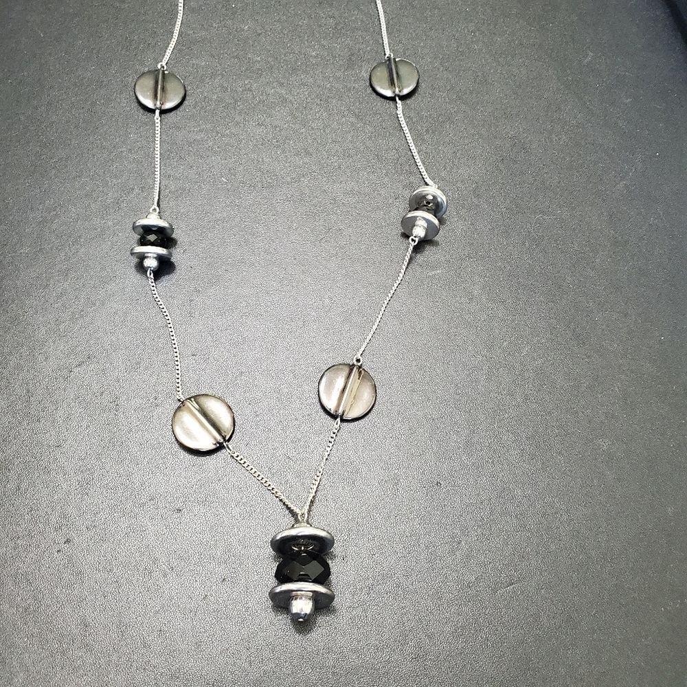 Silver tone necklace with black beads 37"